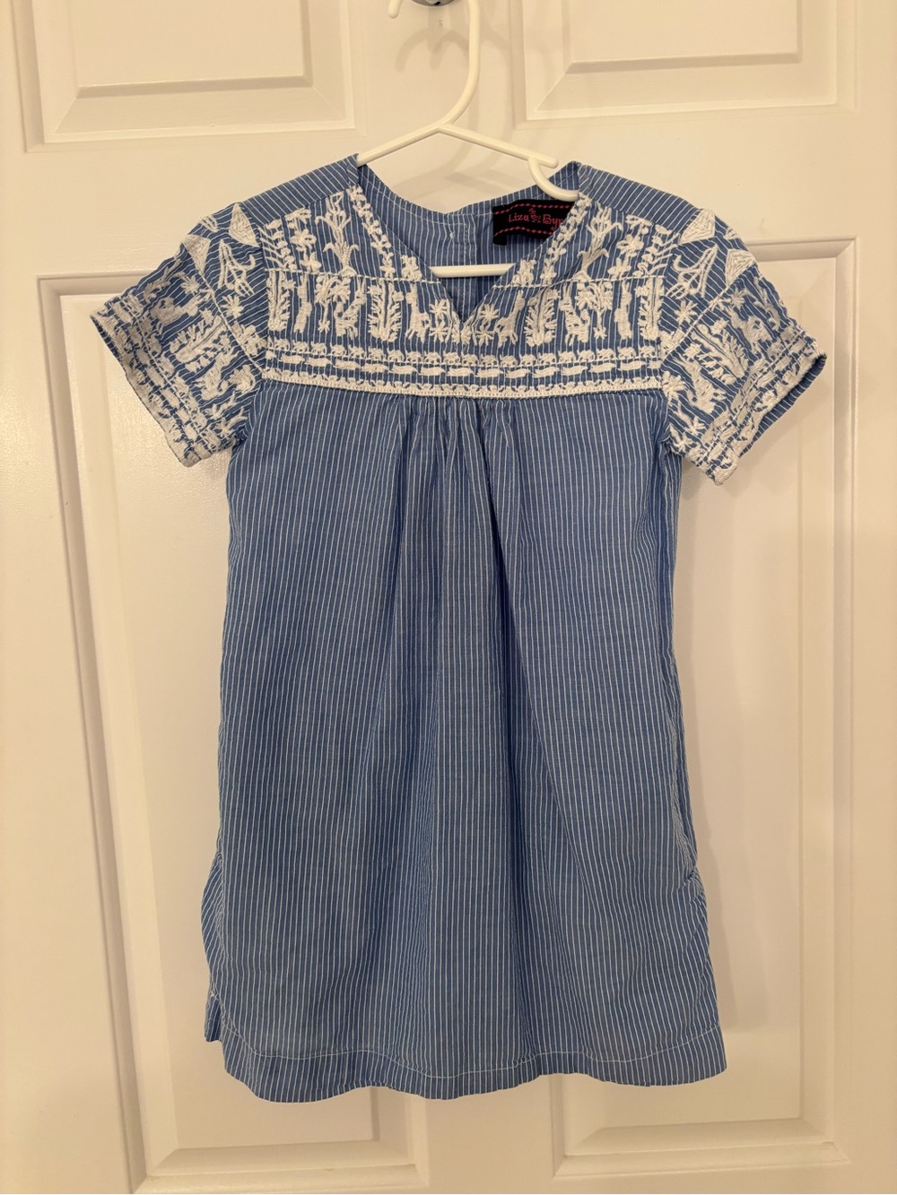 Liza Byrd Blue and White Embroidered Stripe Girls' Dress